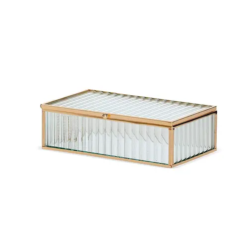 Caixa Decorativa de Vidro Canelado com Metal Dourado 21x13cm