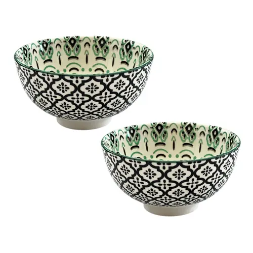 Jogo 2 Bowls Cerâmica Mandala Verde e Preto 11,5x6cm 250ml