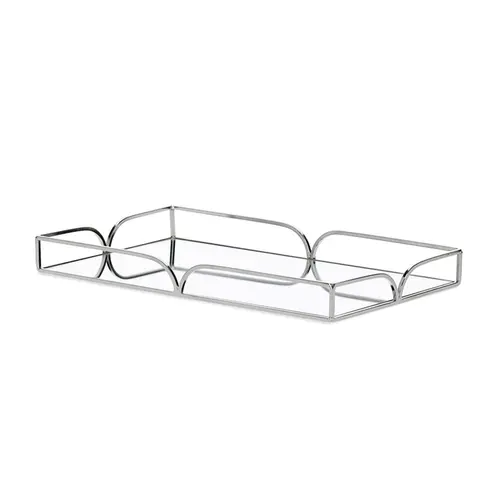 Bandeja Retangular em Metal Prata e Espelho Linna 35x21,5 cm