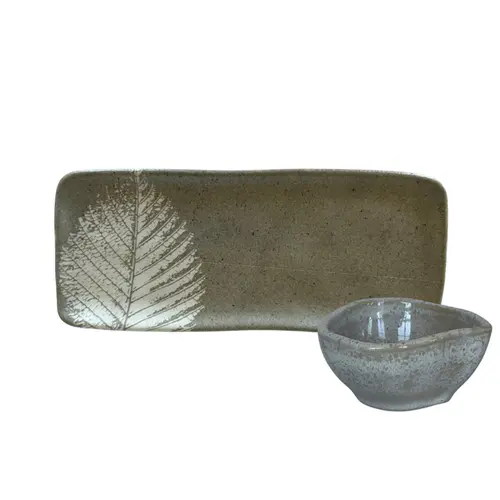 Kit Travessa Retangular com Molheira Orgânico Seiva Latte 22x9cm
