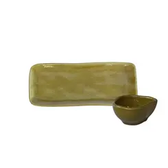 Kit Travessa Retangular com Molheira Orgânico Âmbar 22x9cm