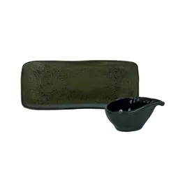 Kit Travessa Retangular com Molheira Orgânico Greenery Verde Escuro 22x9cm