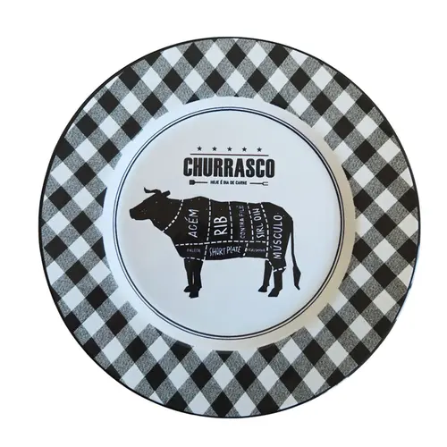 Prato Raso em Cerâmica Branco e Preto Churrasco 29cm - 1 Unid.
