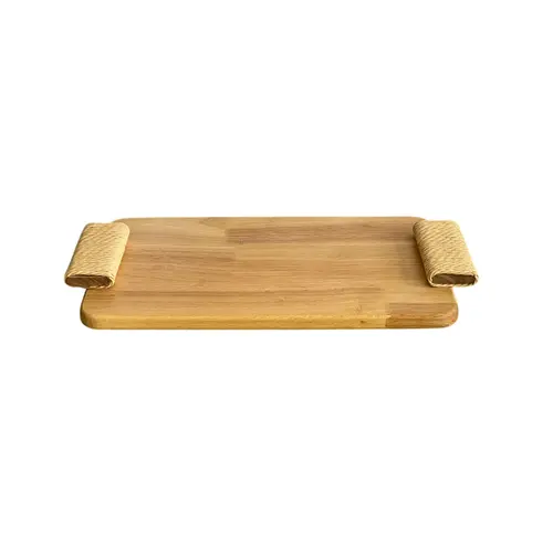 Bandeja em Madeira Marrom com Alças de Fibra Natural 38x23cm