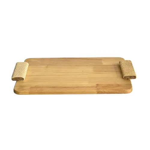 Bandeja em Madeira Marrom com Alças de Fibra Natural 44x28cm