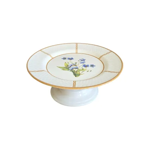 Prato de Bolo com Pé Cerâmica Heritage Relevo Floral 20,5 cm