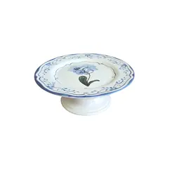 Prato de Bolo com Pé Cerâmica Valência Floral Azul 20,5 cm