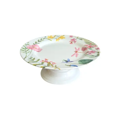 Prato de Bolo com Pé Cerâmica Lelis Estampa Floral 20,5 cm
