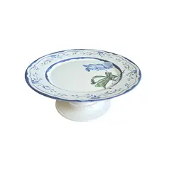 Prato de Bolo com Pé Cerâmica Valência Floral Azul 29 cm