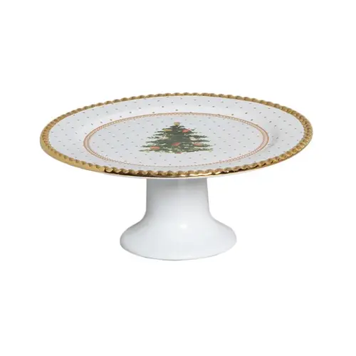 Prato de Bolo Com Pé em Cerâmica Borda Ouro Toys Christmas 32,5cm