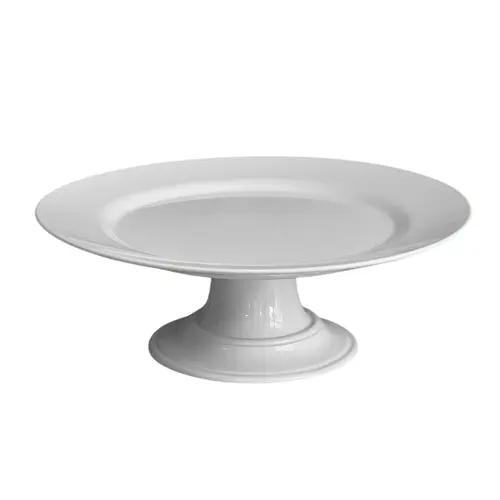 Prato de Bolo com Pé Grande em Cerâmica Liso Branco 34cm