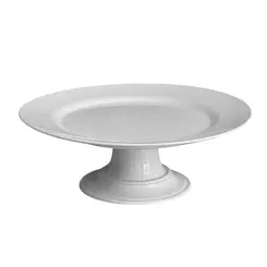 Prato de Bolo com Pé Grande em Cerâmica Liso Branco 34cm