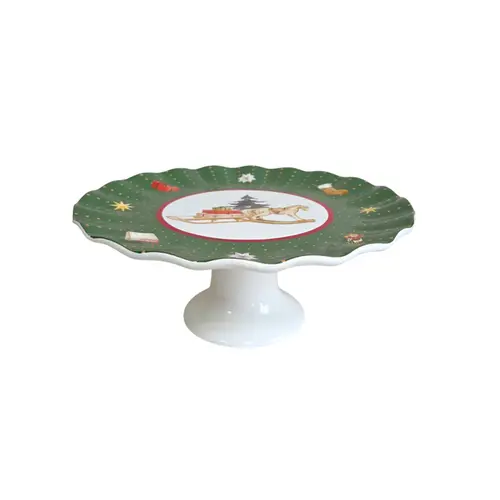 Prato de Bolo com Pé em Cerâmica Christimas Gifts Verde 33cm