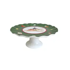 Prato de Bolo com Pé em Cerâmica Christimas Gifts Verde 33cm