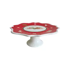 Prato de Bolo com Pé em Cerâmica Christimas Gifts Red 36cm