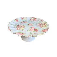 Prato de Bolo Com Pé em Cerâmica Relevado Azul Rosas Vó Dulce G 32,5cm