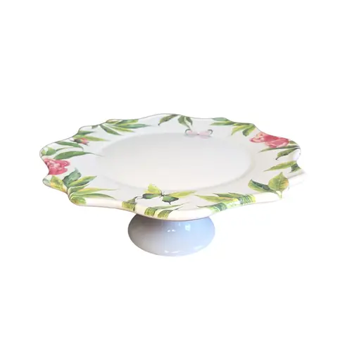 Prato de Bolo Com Pé em Cerâmica Flores Butterfly G 36cm