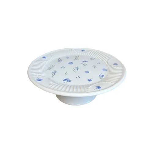 Prato de Bolo Com Pé em Cerâmica Relevado Azul e Branco Campestre P 20,5cm