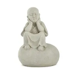 Escultura Decorativa de Buda em Poliresina Cinza Claro Mineral 34 cm