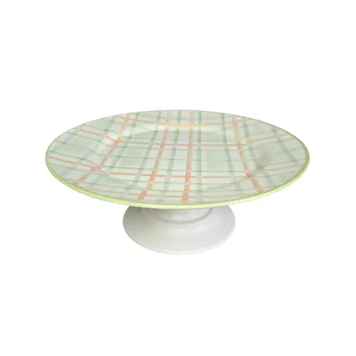 Prato de Bolo Com Pé em Cerâmica Betânia Xadrez 34 cm