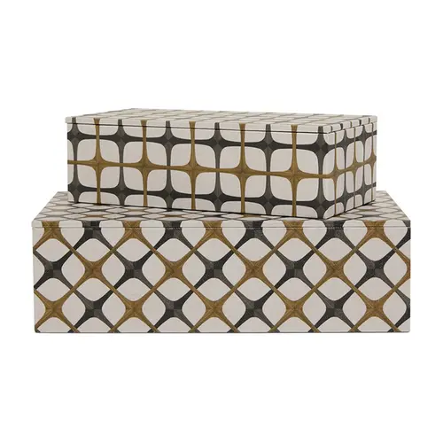 Kit 2 Caixas Decorativas em MDF e Canvas Geométrico Midori Branco Preto e Marrom