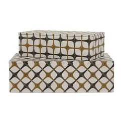 Kit 2 Caixas Decorativas em MDF e Canvas Geométrico Midori Branco Preto e Marrom