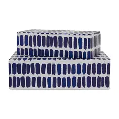 Kit 2 Caixas Decorativas em MDF e Canvas Geométrico Azura Azul e Branco