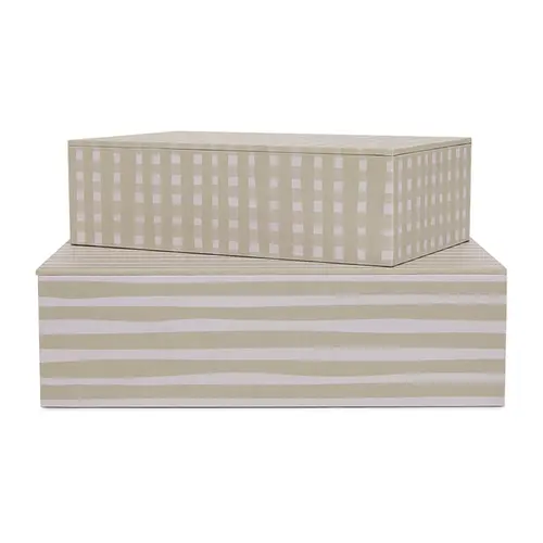 Kit 2 Caixas Decorativas em MDF e Canvas Xadrez Listra Lino Branco e Bege