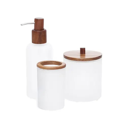 Kit para Banheiro Aro em Vidro Branco Jateado e Madeira 3 Peças