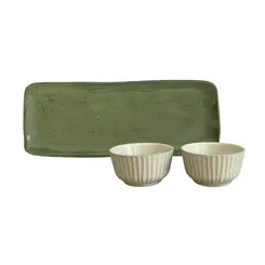 Kit 1 Travessa Retangular Orgânica M Lívia com 2 Ramequins Bege