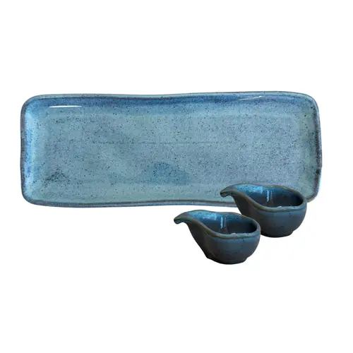 Kit Travessa Retangular M 33x13cm 2 Molheiras Breeze Azul