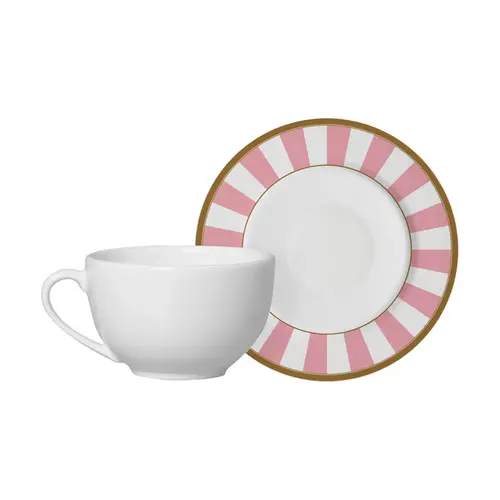 Xícara de Chá com Pires em Cerâmica Stripe Linhas Rosa 250ml - 1 Unid.