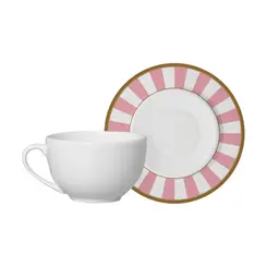 Xícara de Chá com Pires em Cerâmica Stripe Linhas Rosa 250ml - 1 Unid.