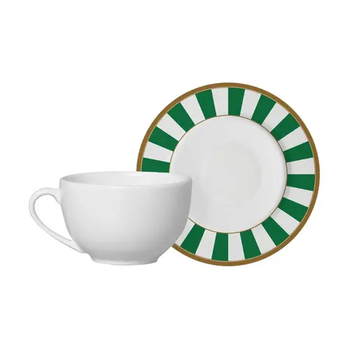 Xícara de Chá com Pires em Cerâmica Stripe Linhas Verde 250ml - 1 Unid.