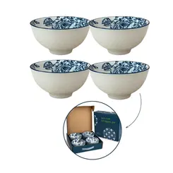 Kit 4 Bowls Tigelas Cerâmica Flor Azul Branco 280ml Caixa Presente