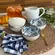 Kit 4 Bowls Tigelas Cerâmica Flor Azul Branco 280ml Caixa Presente