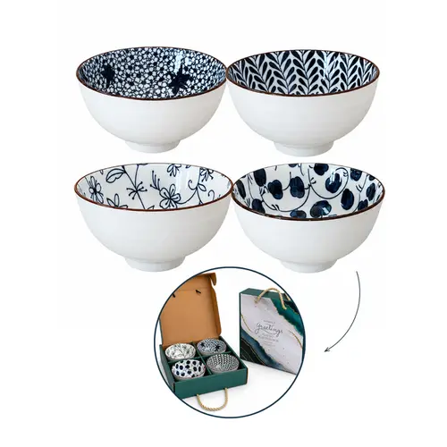 Kit 4 Bowls Tigelas Cerâmica Azul Branco 280ml Caixa Presente