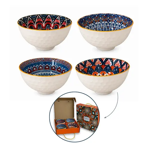 Kit 4 Bowls Tigelas Cerâmica Estampados 280ml Caixa Presente