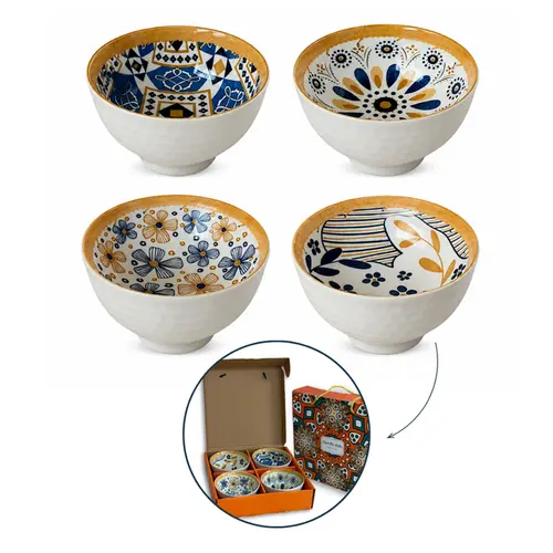 Kit 4 Bowls Tigelas Cerâmica Decorados 280ml Caixa Presente