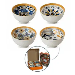 Kit 4 Bowls Tigelas Cerâmica Decorados 280ml Caixa Presente