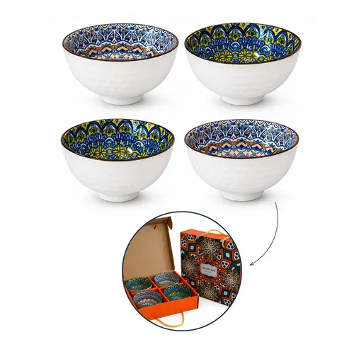 Kit 4 Bowls Tigelas Cerâmica Decorados Duo 280ml Caixa Presente