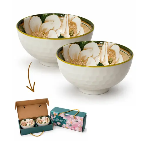Kit 2 Bowls Tigelas Cerâmica Flor Magnólia 280ml Caixa Presente