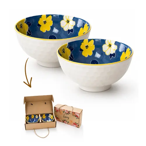 Kit 2 Bowls Tigelas Cerâmica Flor Azul Amarelo 280ml Caixa Presente