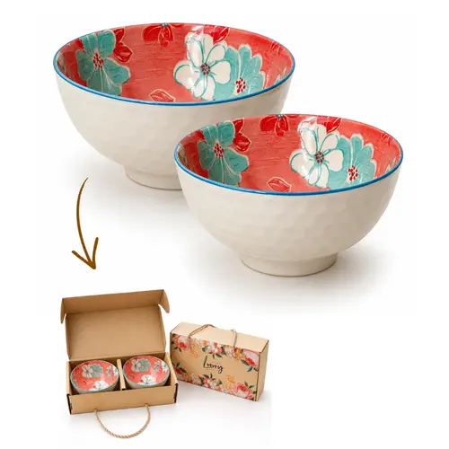 Kit 2 Bowls Tigelas Cerâmica Flor Campestre 280ml Caixa Presente