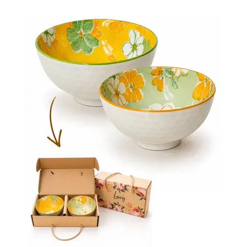 Kit 2 Bowls Tigelas Cerâmica Primavera 280ml Caixa Presente