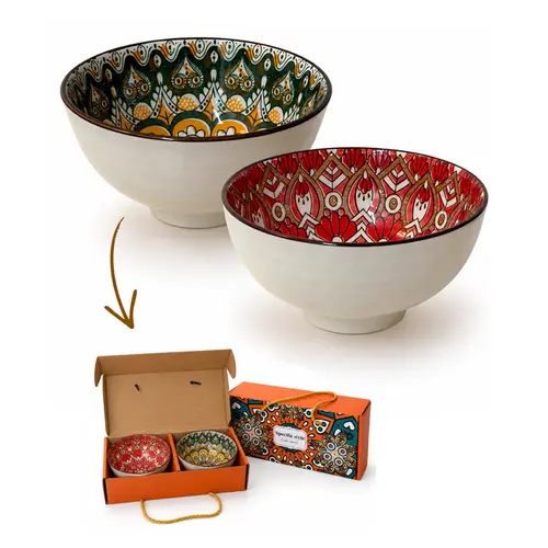 Kit 2 Bowls Tigelas Cerâmica Color Mandalas 280ml Caixa Presente