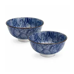 Kit 2 Bowls Tigelas Cerâmica Folia Azul Branco 280ml 12x6cm