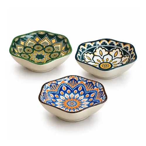 Kit 3 Mini Bowls Molheiras Hexagonais Cerâmica Coloridos 100ml