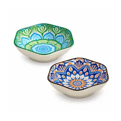 Kit 2 Mini Bowls Molheiras Hexagonais Cerâmica Verde Azul 100ml