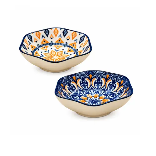 Kit 2 Mini Bowls Molheiras Hexagonais Cerâmica Azul Laranja 100ml